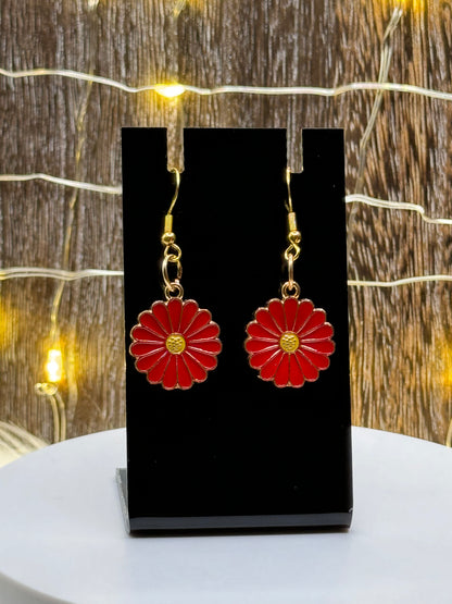 Set of Red and White Flower Dangle Earrings